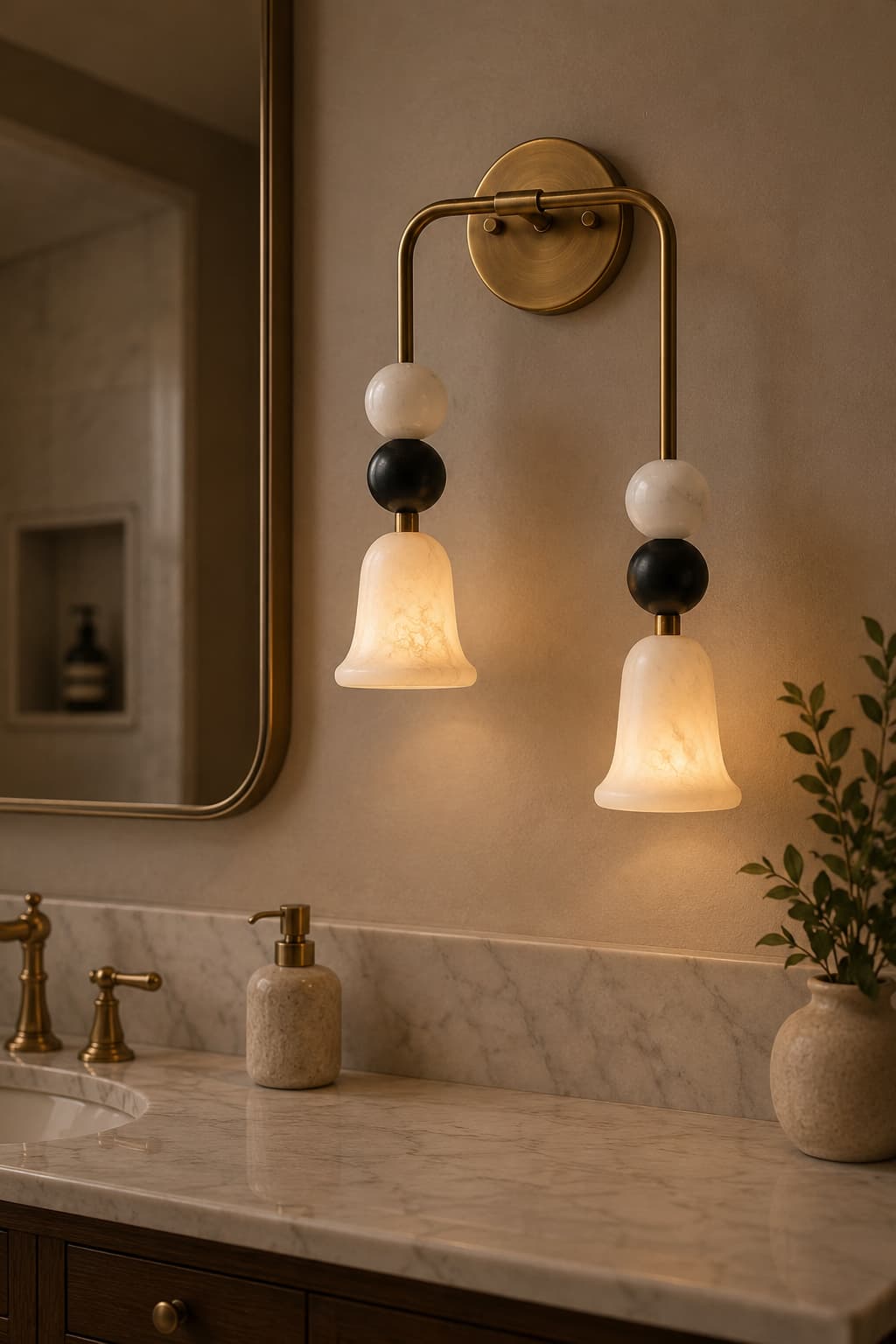 Alabaster double wall sconce with bell-shaped shades and black-and-white sphere accents beside a bathroom mirror over a marble vanity (ArtLoka ALK-004)