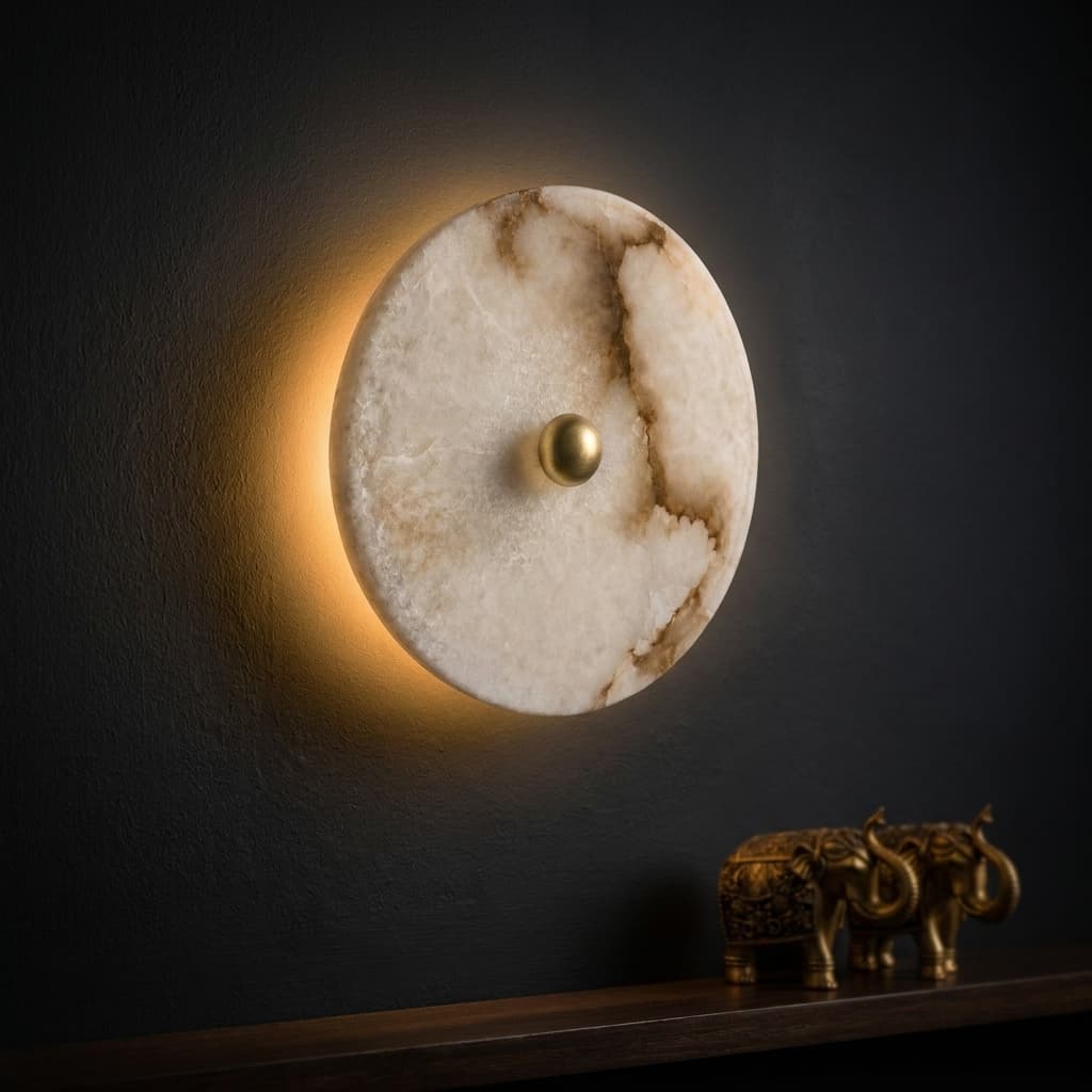 ArtLoka alabaster moon-disc wall sconce glowing warm on a dark navy wall beside brass elephant figurines