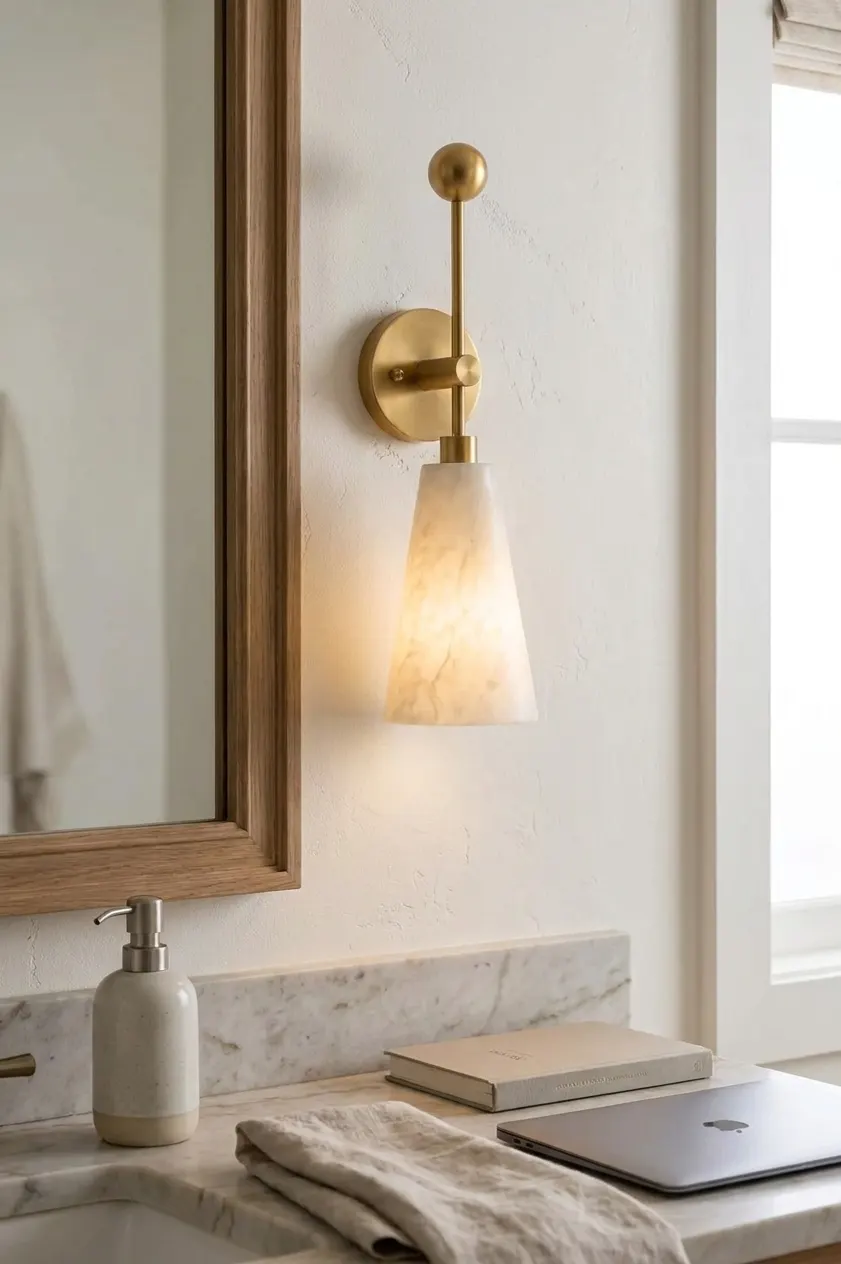 Ball-finial alabaster cone-shade wall sconce beside a bathroom mirror and marble vanity
