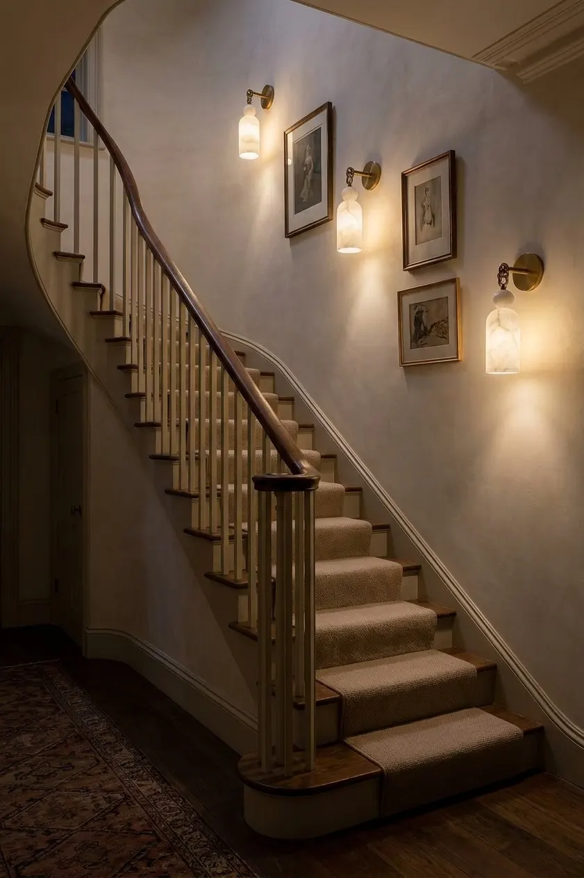 Bell-jar alabaster wall sconces lighting a curved staircase gallery wall