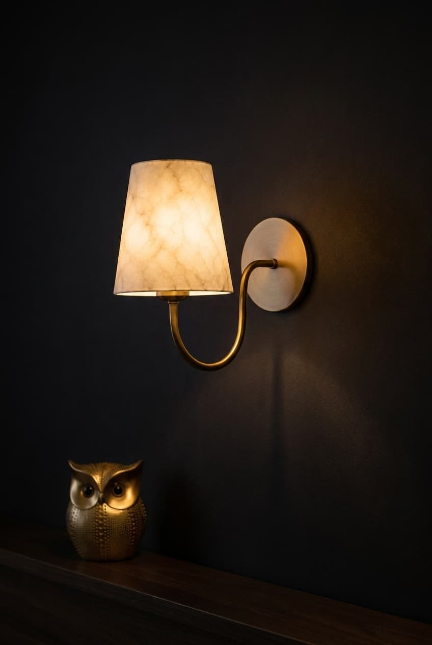 ArtLoka brass gooseneck wall sconce with scalloped glass shade, lit, on a dark navy wall beside a brass owl figurine