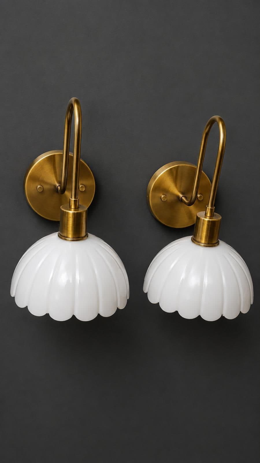 Pair of mid-century brass wall sconces with white glass tulip shades — image 1 of 5