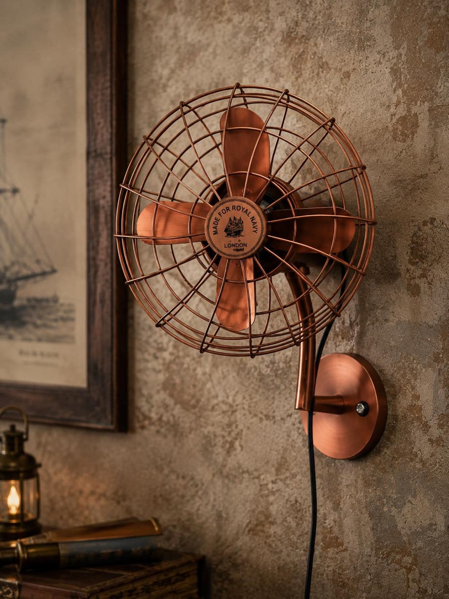 14-inch brass industrial wall fan with metal cage — image 1 of 10