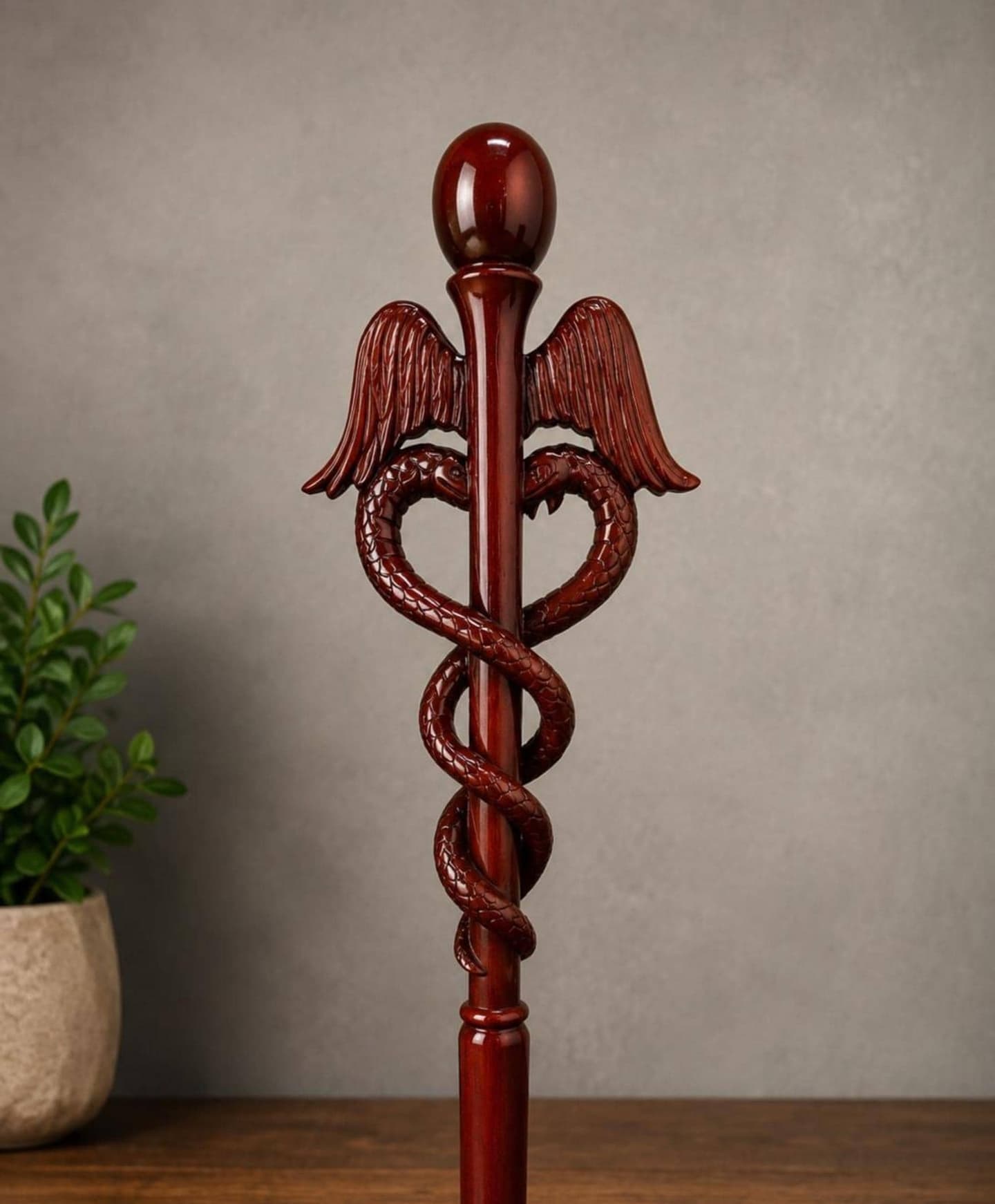 Hand-carved wooden caduceus walking staff — image 1 of 6